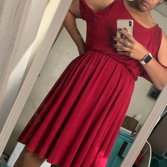 RED COLD SHOULDER JERSEY SKATER DRESS - Picture 5 of 7